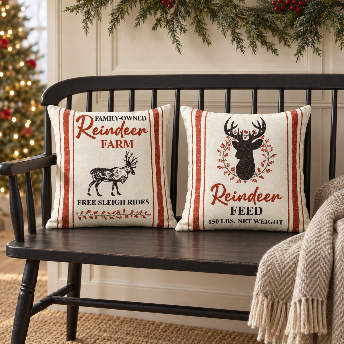 Reindeer Farm Pillow Cover Set of 2 18Lx18W
