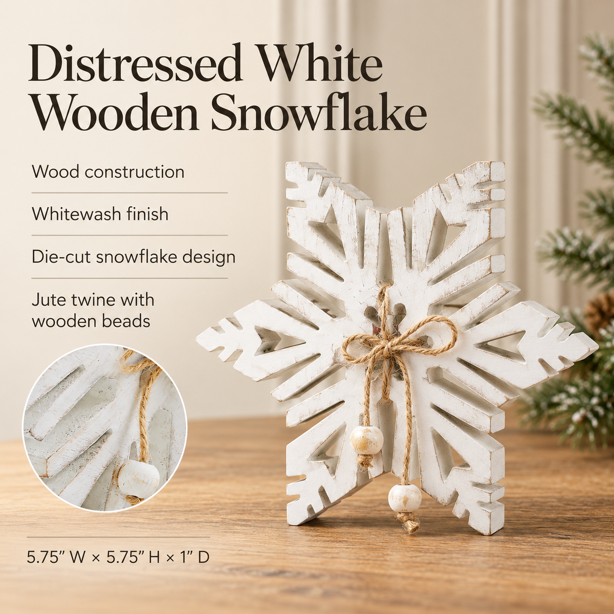 Distressed White Wooden Snowflake 5.75x5.75x1