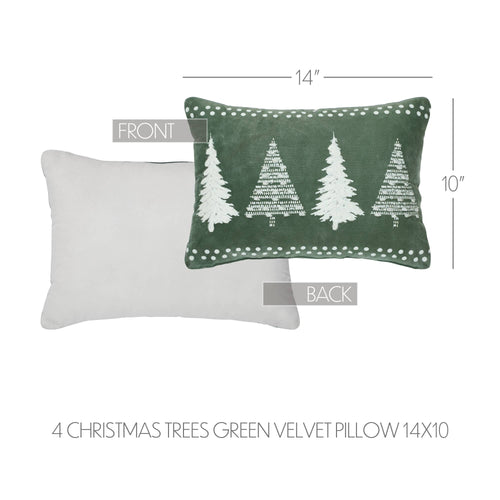 4 Christmas Trees Green Velvet Throw Pillow 14x10