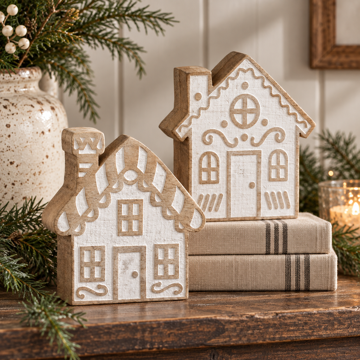 Candy Cane Lane Natural Wooden Houses Set 2pc