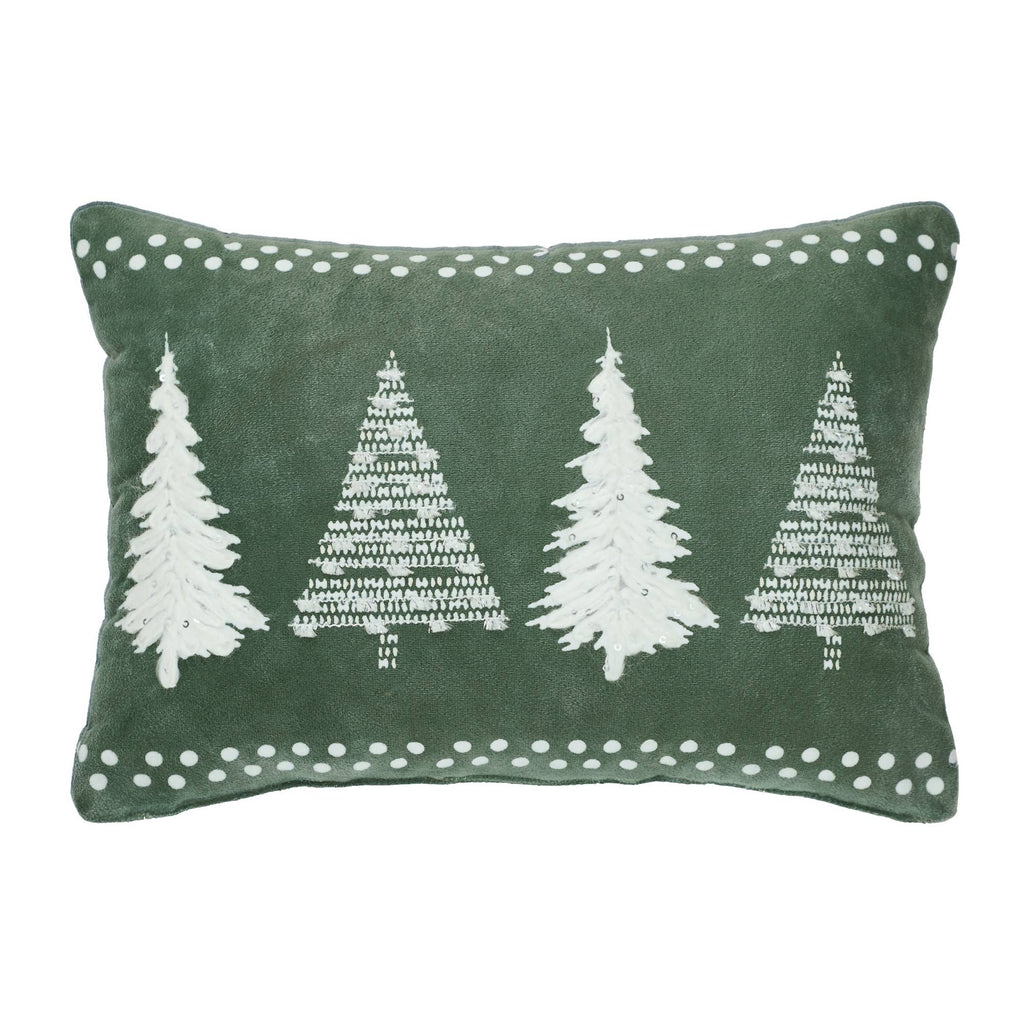 4 Christmas Trees Green Velvet Throw Pillow 14x10