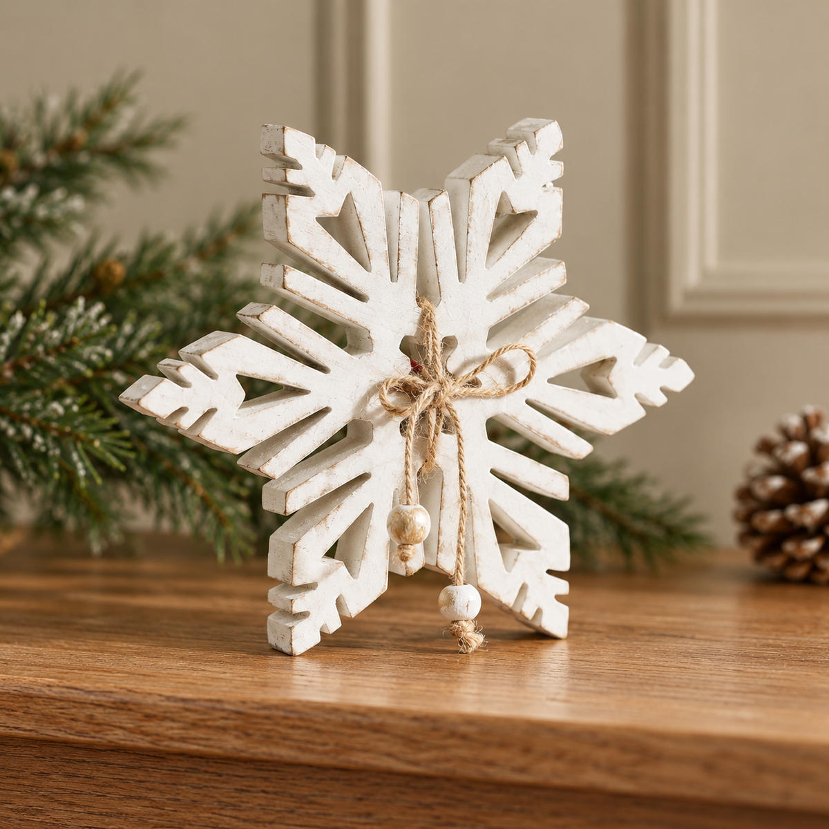 Distressed White Wooden Snowflake 5.75x5.75x1