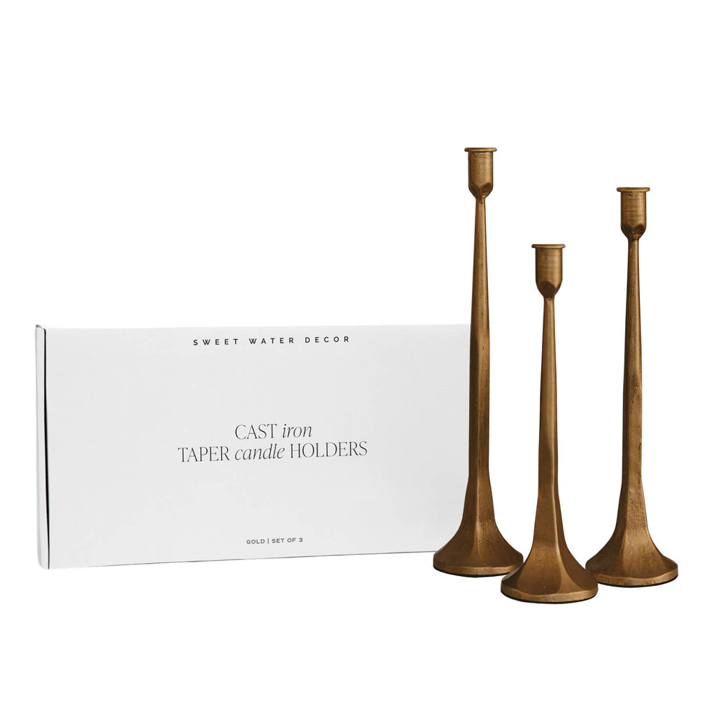 Gold Cast Iron Taper Candle Holders, Set of 3